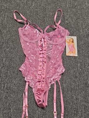 Seven Till Midnight--Pink Lace Satin-Trim Bustier Teddy